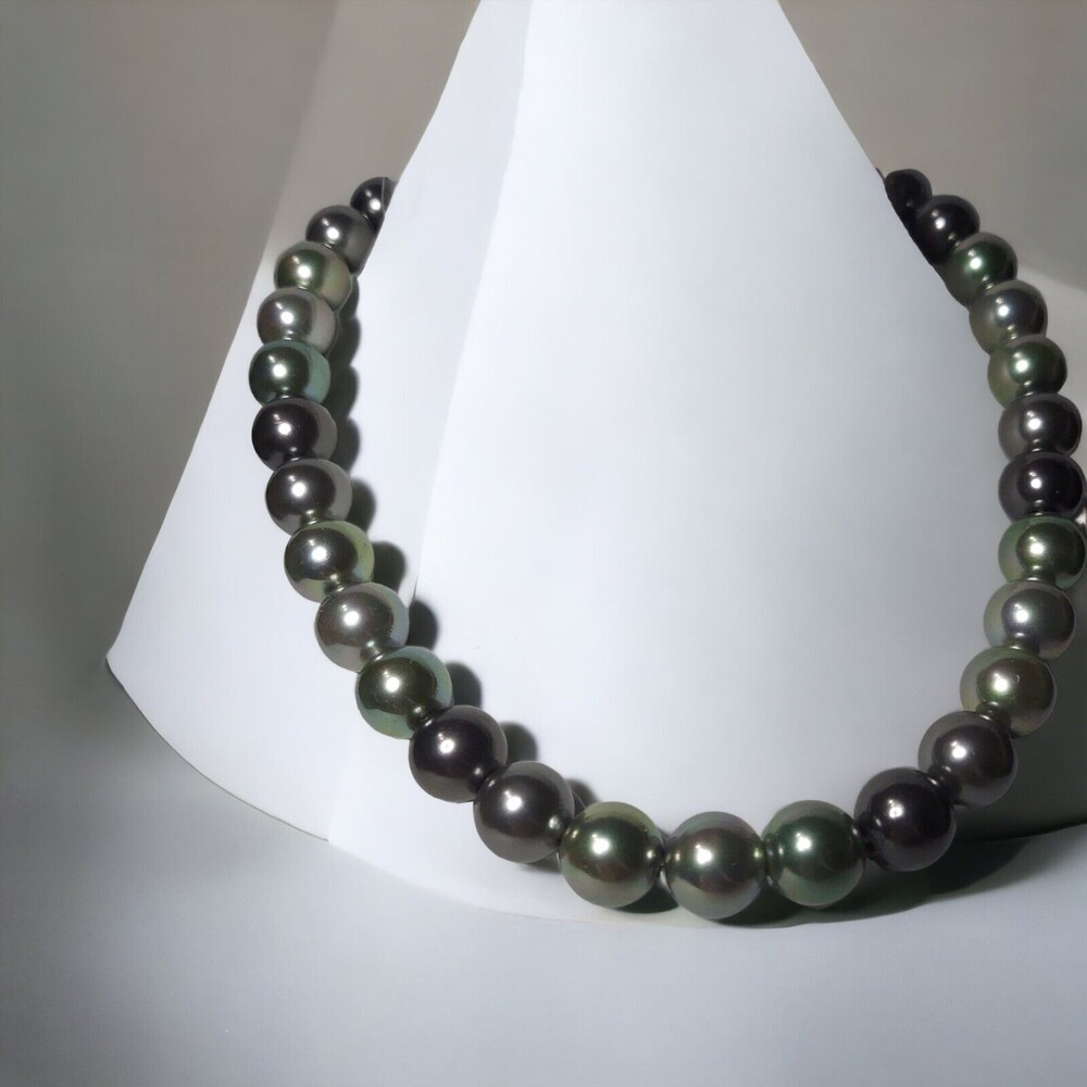 Slate gray - gray- green metal beaded Necklace 16" Beads 1/2"